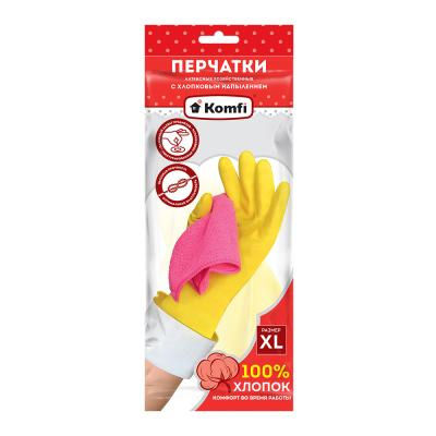 Перчатки хозяйственные латексные XL (2шт/уп) Komfi с х/б напылением жёлтый в интернет-магазине ГК Эксперт