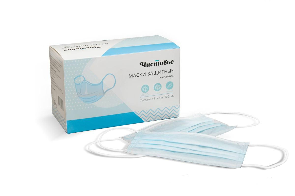 Маска защитная одноразовая (100шт/уп) Чистовье 3-х слойная спанбонд с мельтблауном голубой в коробке в интернет-магазине ГК Эксперт
